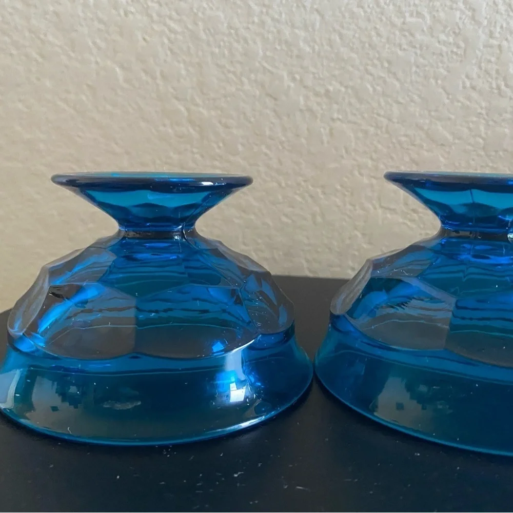 3 Viking Glass Bluenique Georgian Thumbprint Footed Blue Glass Dessert MCM Bowls